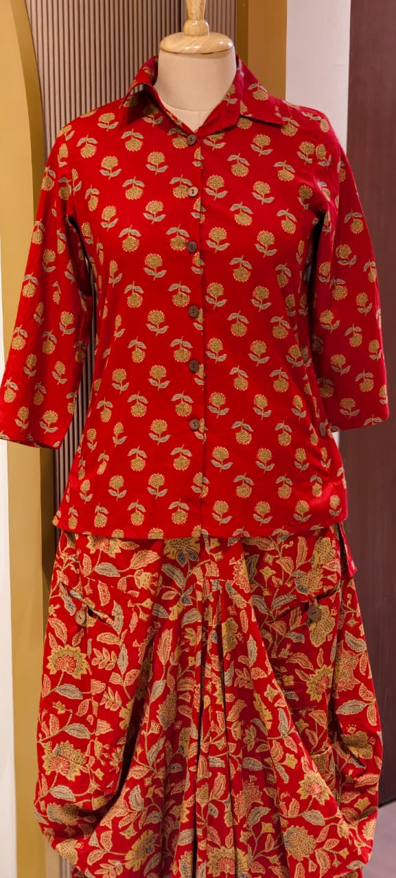 Pure Cotton Collared Printed Short Length Kurta With Cowl Style Skirt- 13494