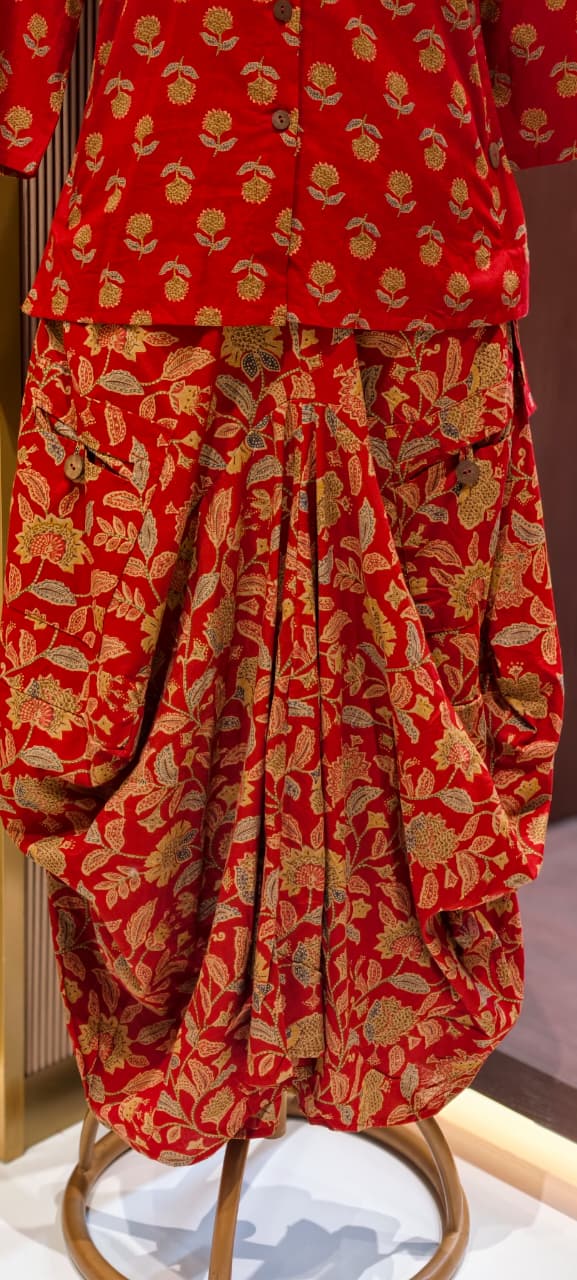 Pure Cotton Collared Printed Short Length Kurta With Cowl Style Skirt- 13494