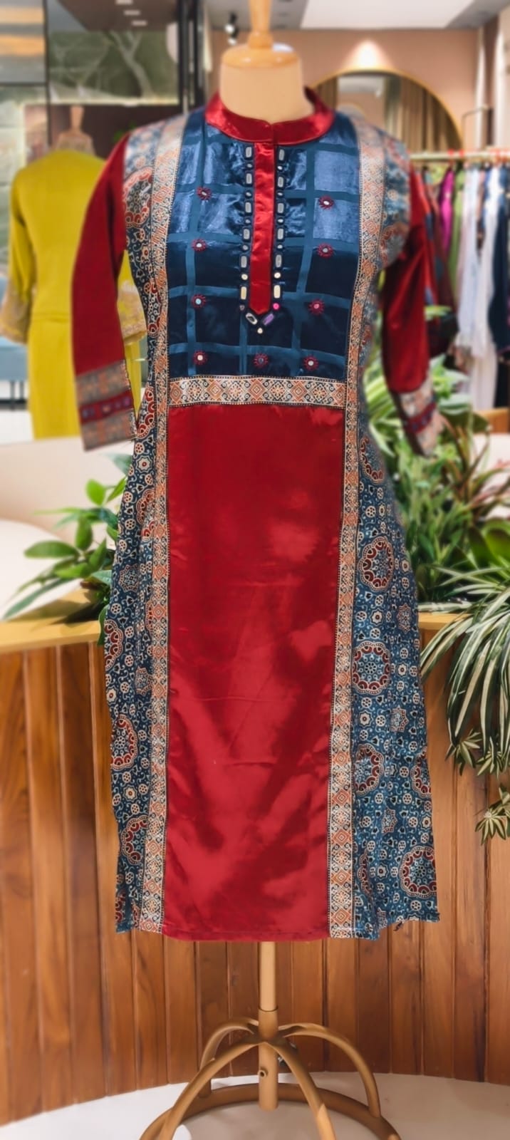 Mirror Work Cobalt Stripe Printed Gajji Silk A-Line Long Kurti Only With Side Pockets