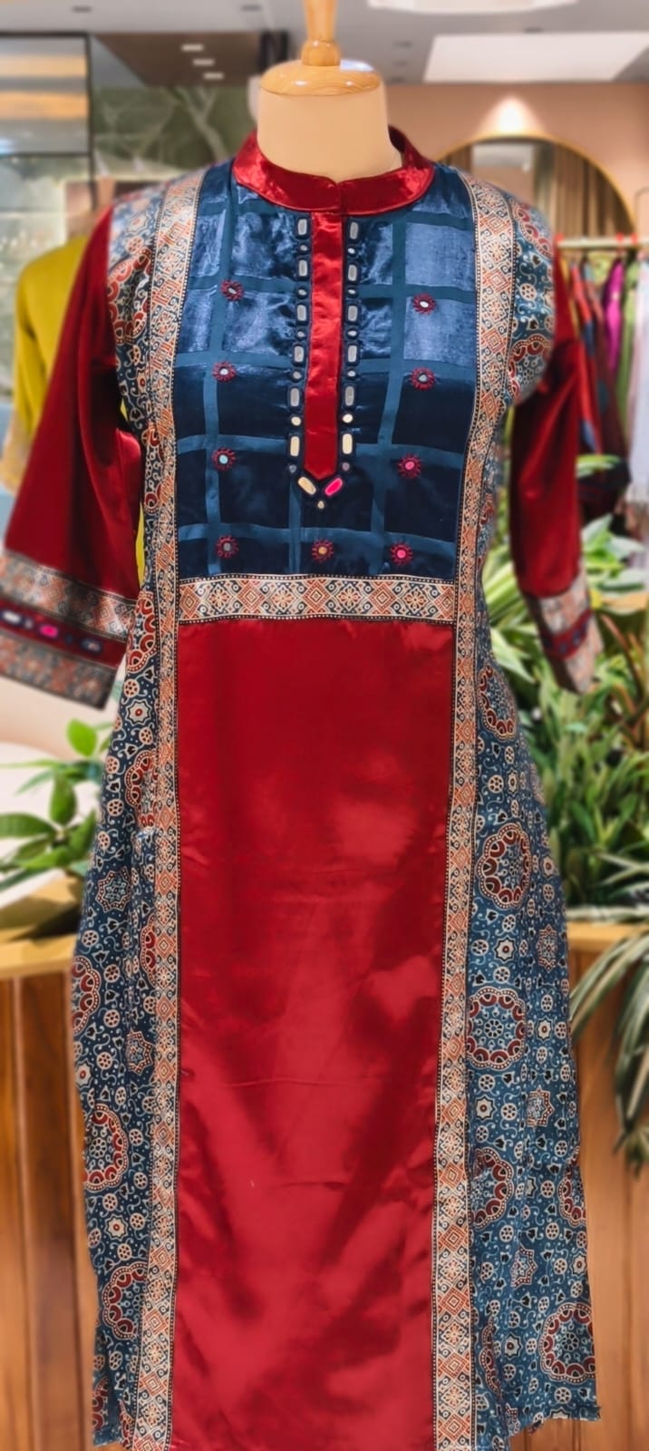Mirror Work Cobalt Stripe Printed Gajji Silk A-Line Long Kurti Only With Side Pockets