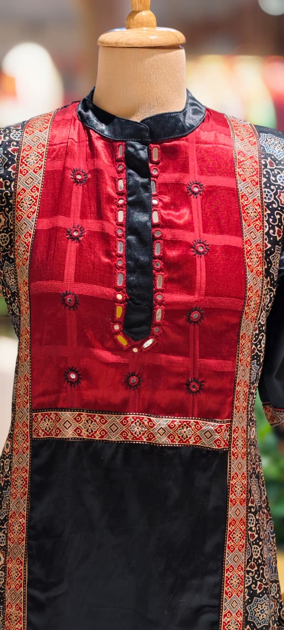 Mirror Work Cobalt Stripe Printed Gajji Silk A-Line Long Kurti Only With Side Pockets