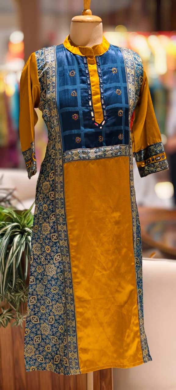 Mirror Work Cobalt Stripe Printed Gajji Silk A-Line Long Kurti Only With Side Pockets