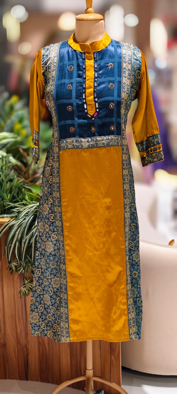 Mirror Work Cobalt Stripe Printed Gajji Silk A-Line Long Kurti Only With Side Pockets