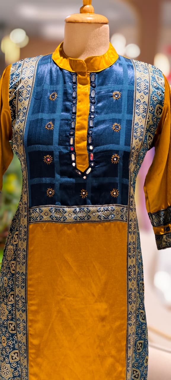 Mirror Work Cobalt Stripe Printed Gajji Silk A-Line Long Kurti Only With Side Pockets