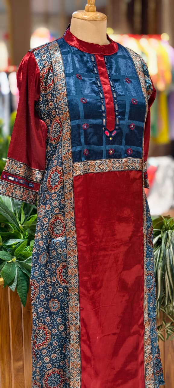 Mirror Work Cobalt Stripe Printed Gajji Silk A-Line Long Kurti Only With Side Pockets