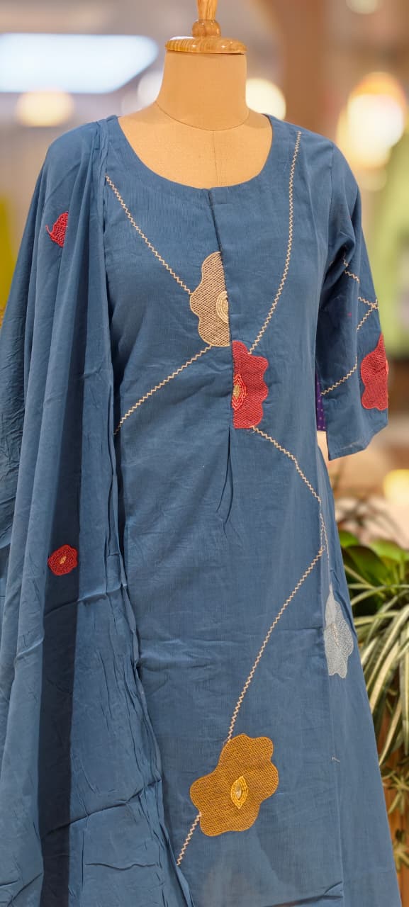 Delicate Floral Appliqué With Linear Contrast Embroidery Cotton Full Suit Set With Dupatta