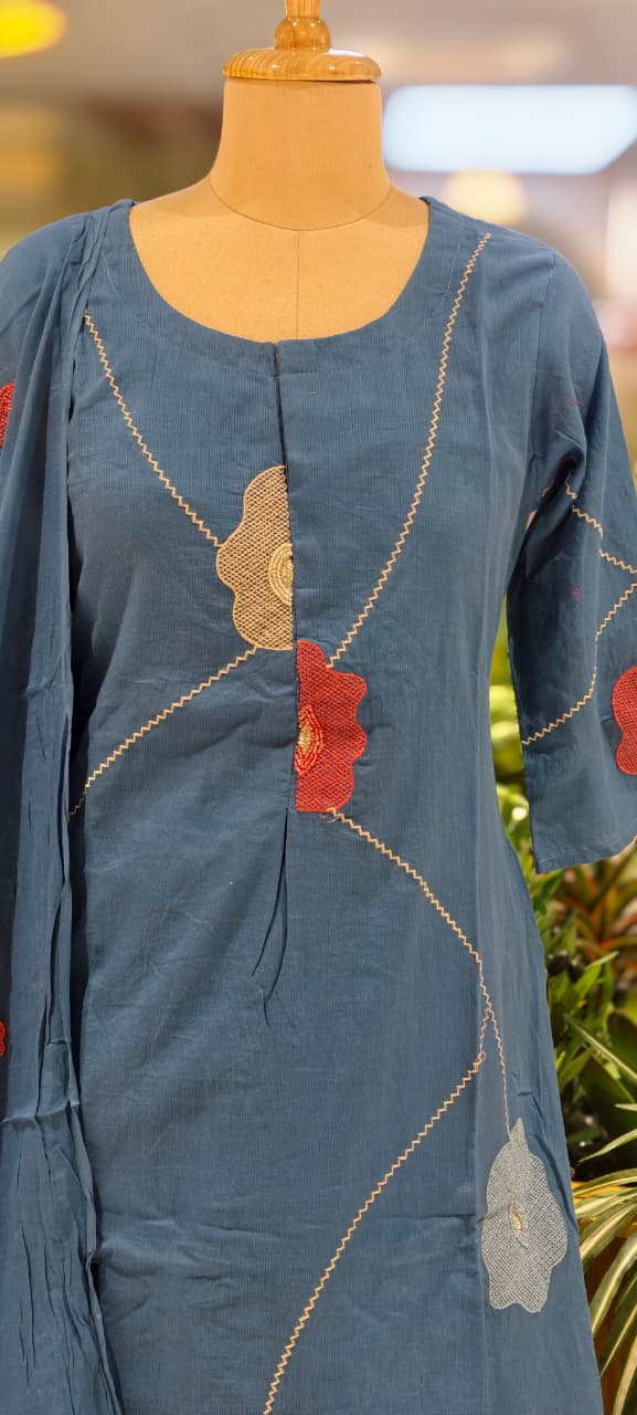 Delicate Floral Appliqué With Linear Contrast Embroidery Cotton Full Suit Set With Dupatta