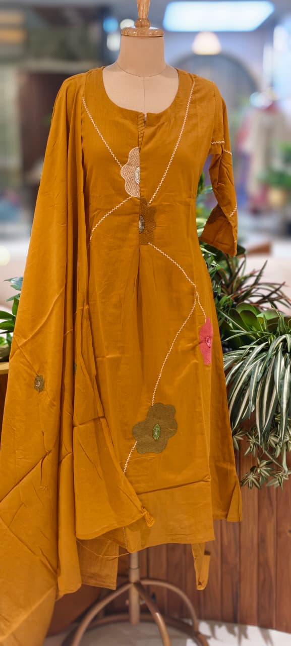 Delicate Floral Appliqué With Linear Contrast Embroidery Cotton Full Suit Set With Dupatta