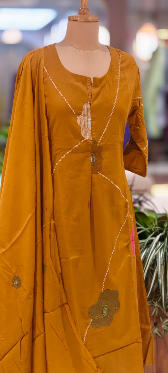 Delicate Floral Appliqué With Linear Contrast Embroidery Cotton Full Suit Set With Dupatta