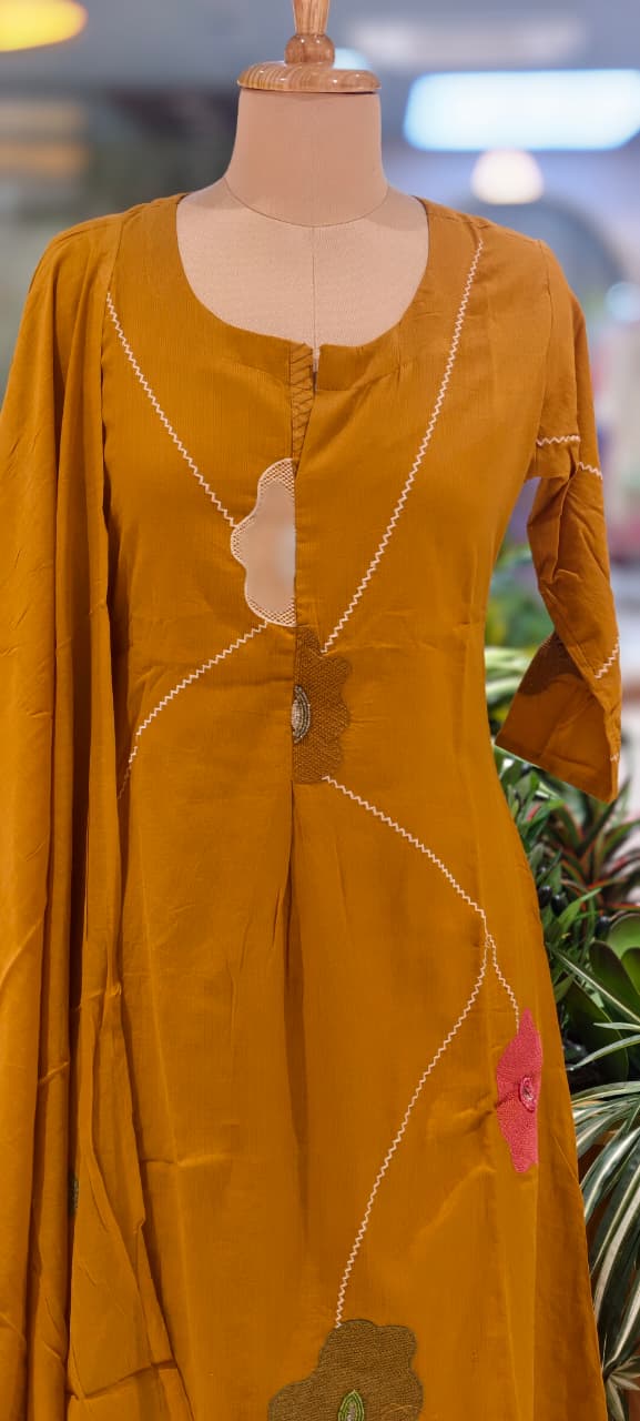 Delicate Floral Appliqué With Linear Contrast Embroidery Cotton Full Suit Set With Dupatta