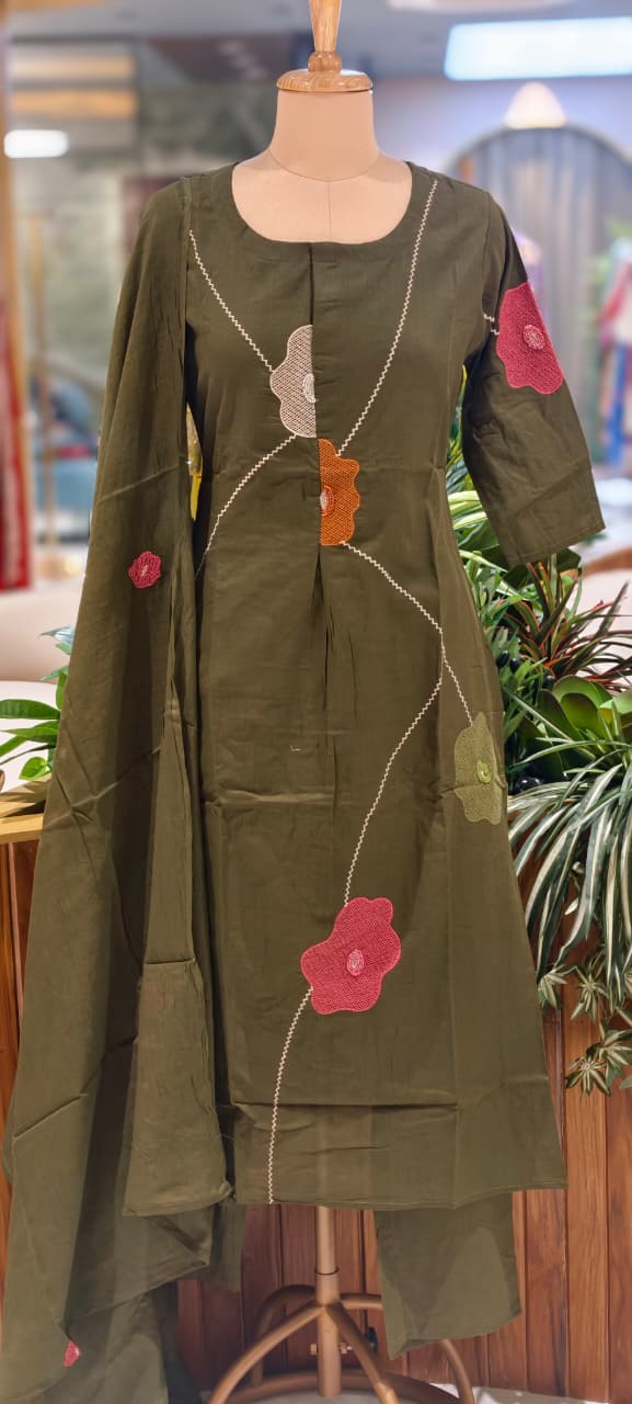 Delicate Floral Appliqué With Linear Contrast Embroidery Cotton Full Suit Set With Dupatta