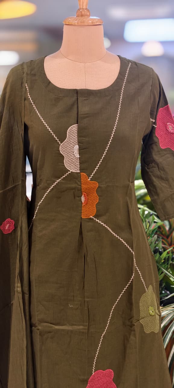 Delicate Floral Appliqué With Linear Contrast Embroidery Cotton Full Suit Set With Dupatta
