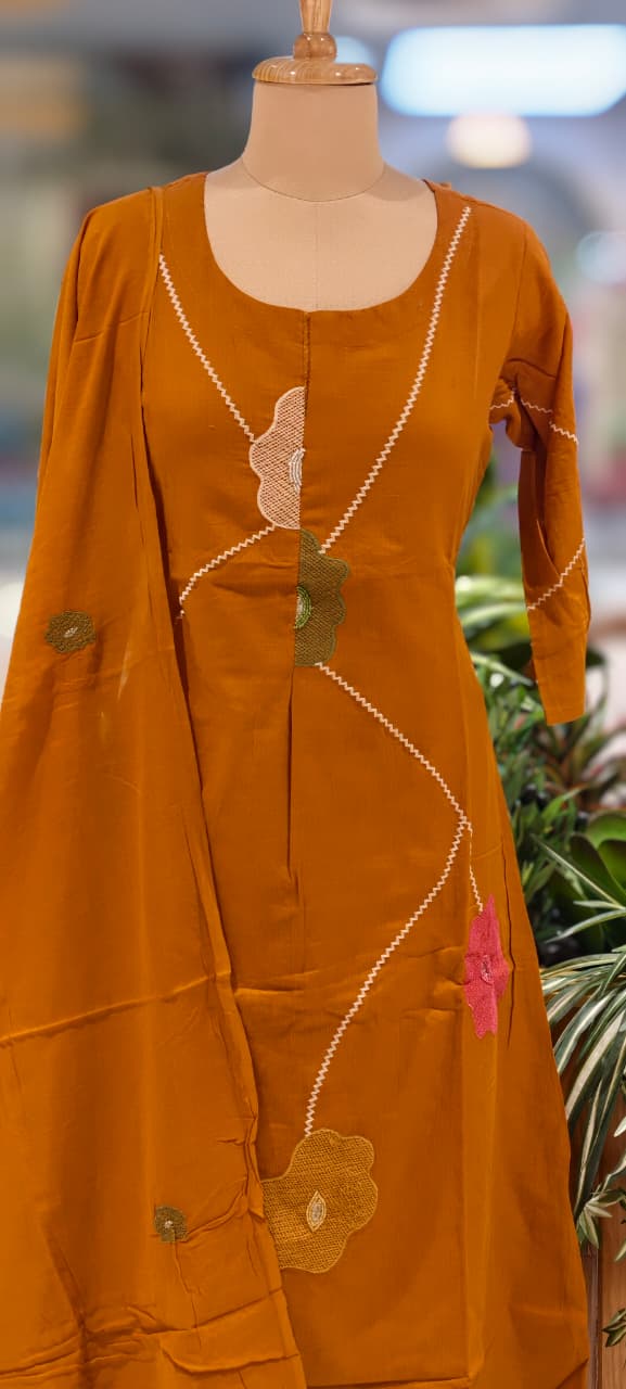 Delicate Floral Appliqué With Linear Contrast Embroidery Cotton Full Suit Set With Dupatta