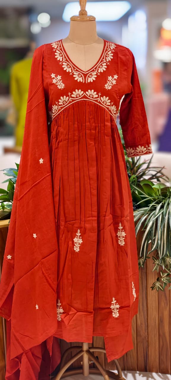 Alia Cut Rich Thread Embroidery Solid A-Line Full Suit Set With Dupatta In Cotton Fabric