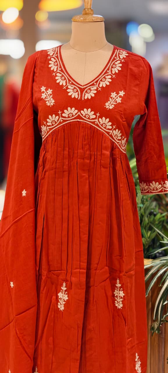 Alia Cut Rich Thread Embroidery Solid A-Line Full Suit Set With Dupatta In Cotton Fabric