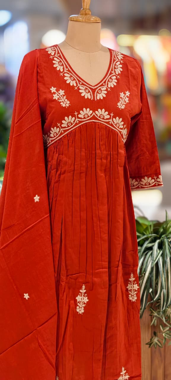 Alia Cut Rich Thread Embroidery Solid A-Line Full Suit Set With Dupatta In Cotton Fabric
