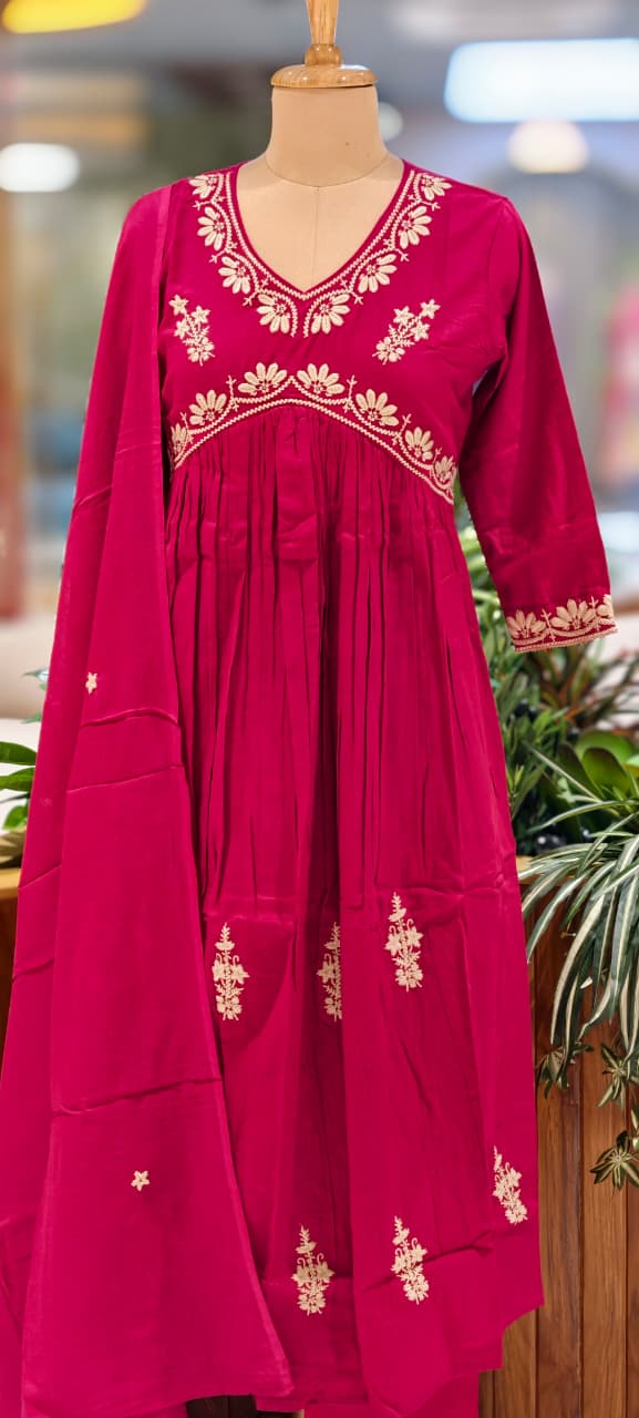 Alia Cut Rich Thread Embroidery Solid A-Line Full Suit Set With Dupatta In Cotton Fabric