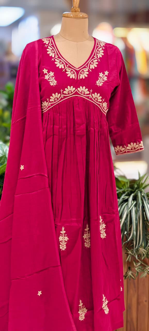 Alia Cut Rich Thread Embroidery Solid A-Line Full Suit Set With Dupatta In Cotton Fabric