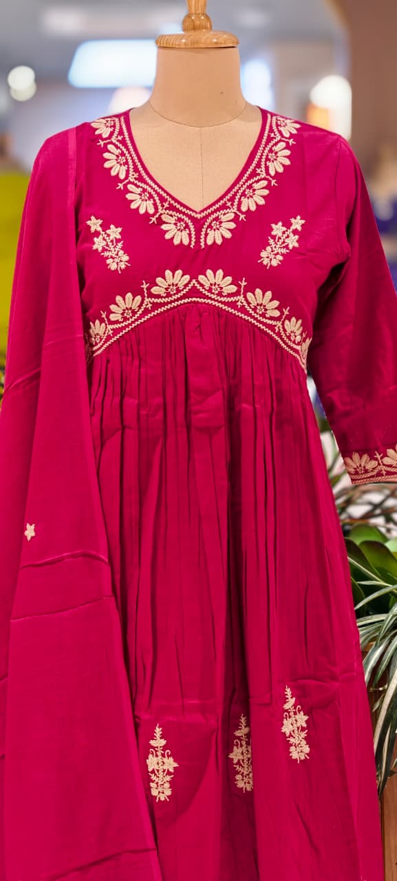 Alia Cut Rich Thread Embroidery Solid A-Line Full Suit Set With Dupatta In Cotton Fabric
