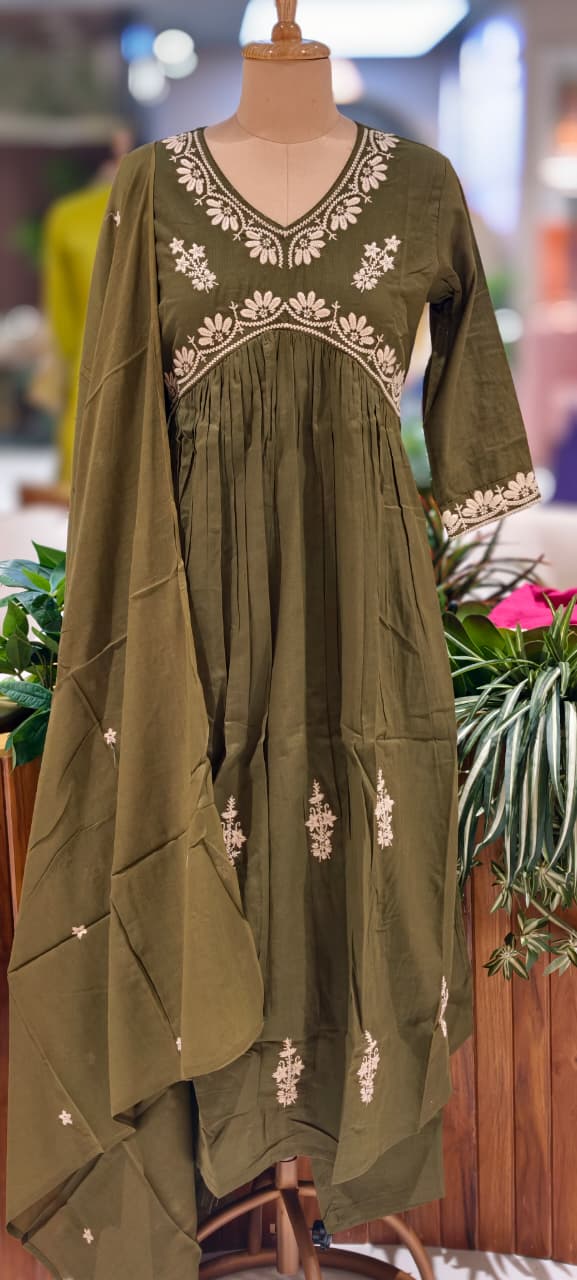 Alia Cut Rich Thread Embroidery Solid A-Line Full Suit Set With Dupatta In Cotton Fabric