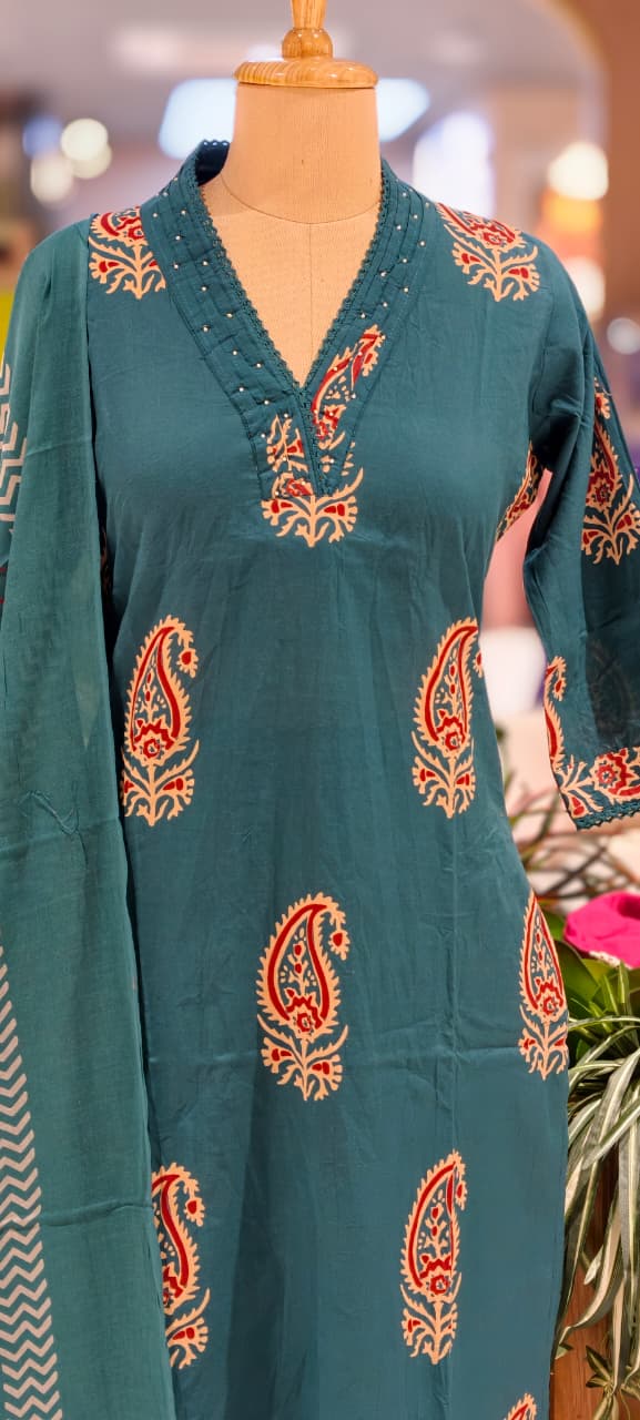 Zinnia Mango Buti Print Matching Full Suit Set With Dupatta In Cotton Fabric