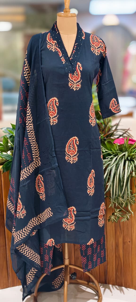 Zinnia Mango Buti Print Matching Full Suit Set With Dupatta In Cotton Fabric