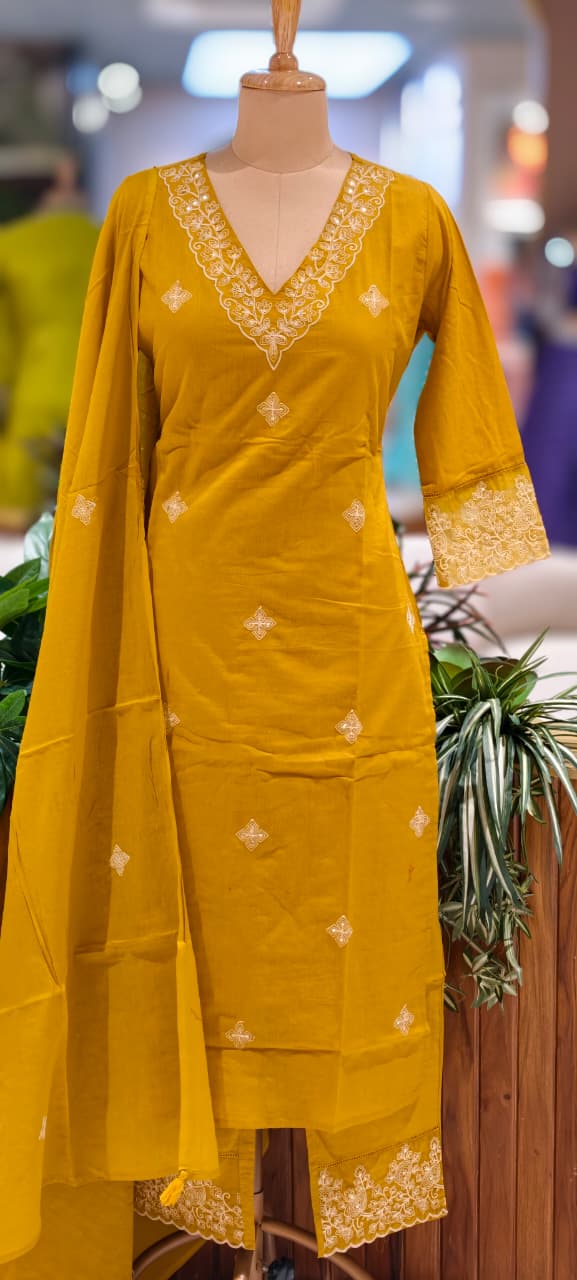 Ethereal Embroidered 3-Piece Set Kurta With Matching Trousers & Coordinated Dupatta