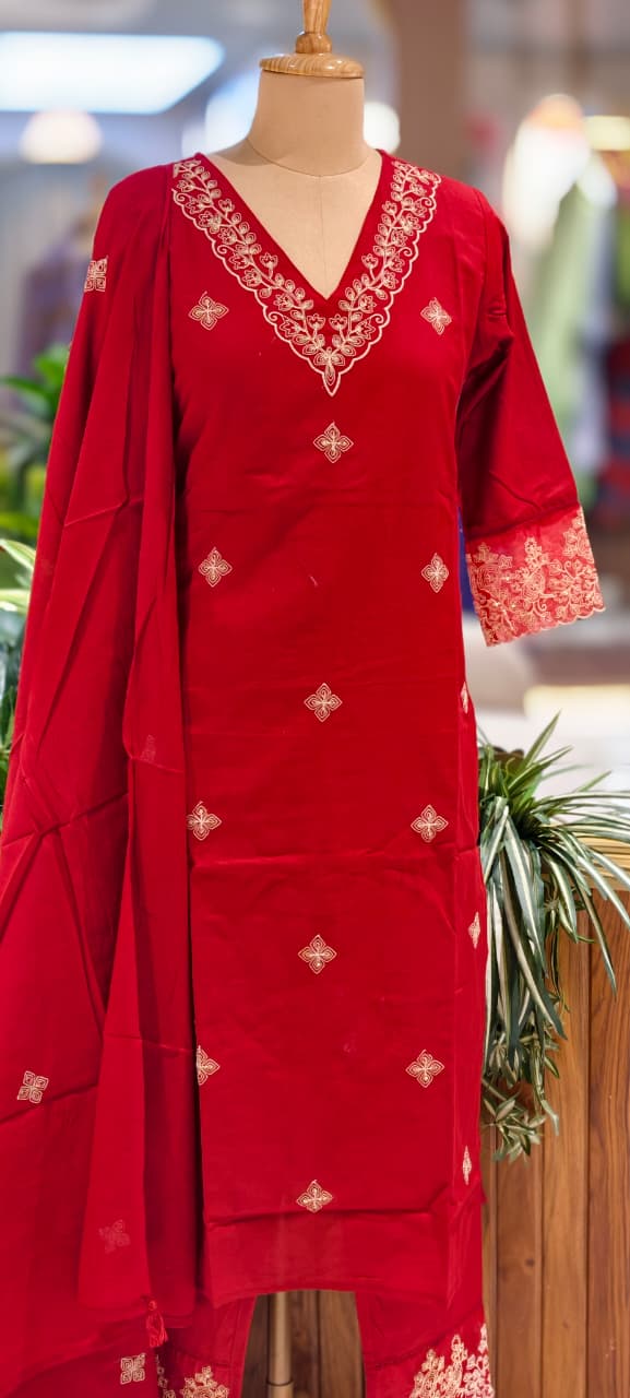 Ethereal Embroidered 3-Piece Set Kurta With Matching Trousers & Coordinated Dupatta