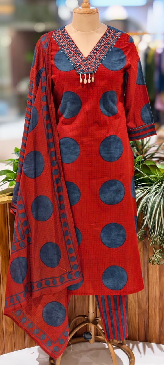 Beautiful Neck Line Coin Tassels Rounded Print Cotton Full Suit Set With Dupatta- 13482