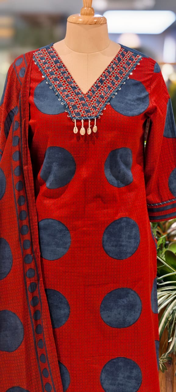 Beautiful Neck Line Coin Tassels Rounded Print Cotton Full Suit Set With Dupatta- 13482