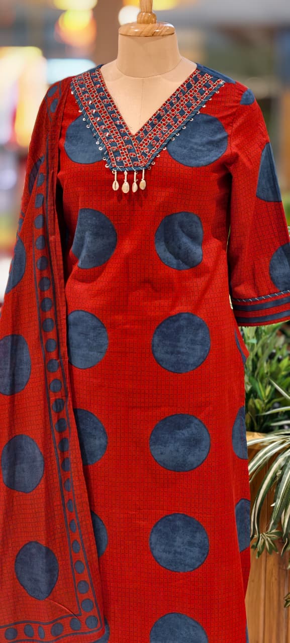 Beautiful Neck Line Coin Tassels Rounded Print Cotton Full Suit Set With Dupatta- 13482