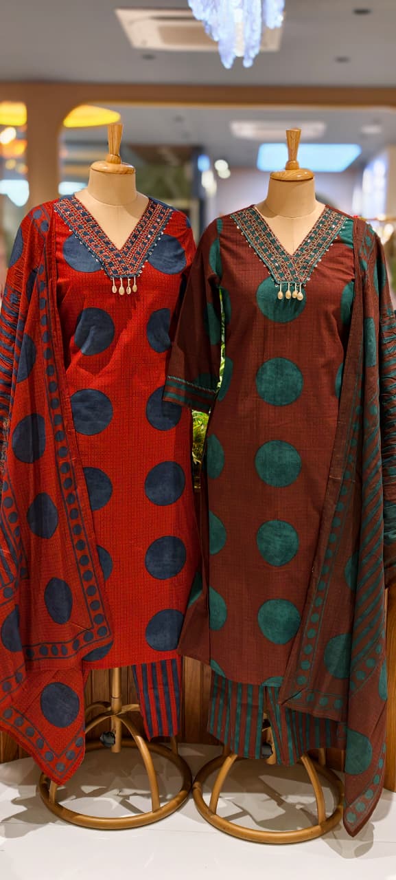 Beautiful Neck Line Coin Tassels Rounded Print Cotton Full Suit Set With Dupatta- 13482
