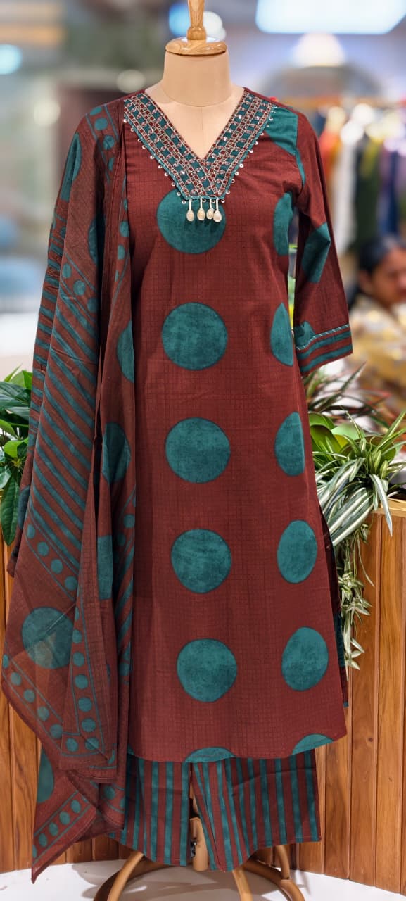 Beautiful Neck Line Coin Tassels Rounded Print Cotton Full Suit Set With Dupatta- 13482