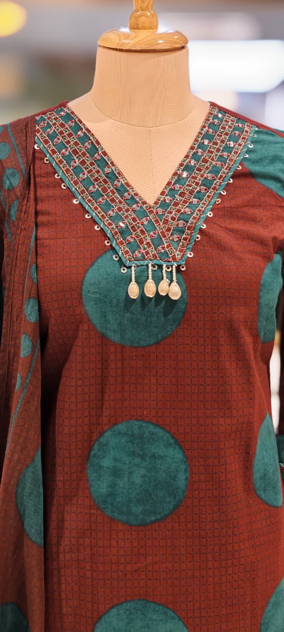 Beautiful Neck Line Coin Tassels Rounded Print Cotton Full Suit Set With Dupatta- 13482