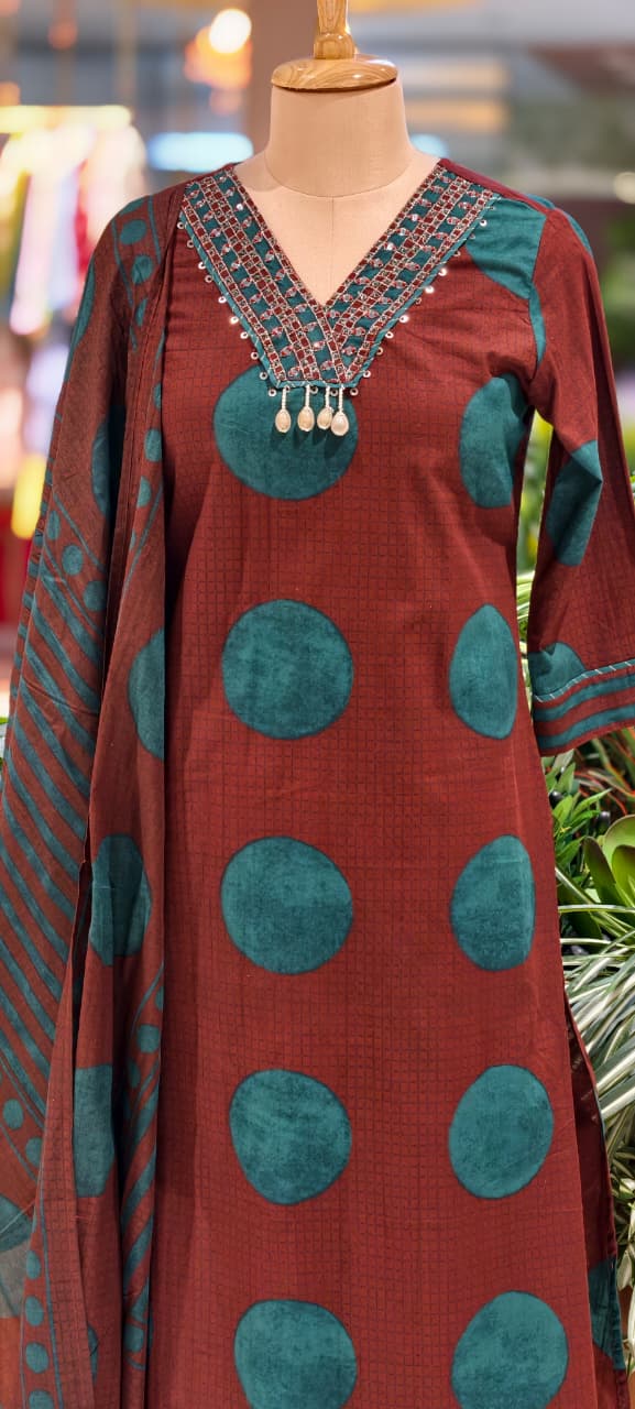 Beautiful Neck Line Coin Tassels Rounded Print Cotton Full Suit Set With Dupatta- 13482