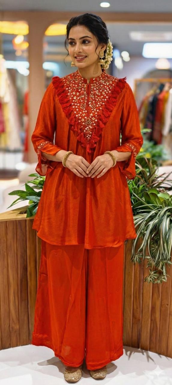 Stylish V-Yoke Boho Thread Look Indo Wear Kurta With Solid Bottom- 13551 RB212
