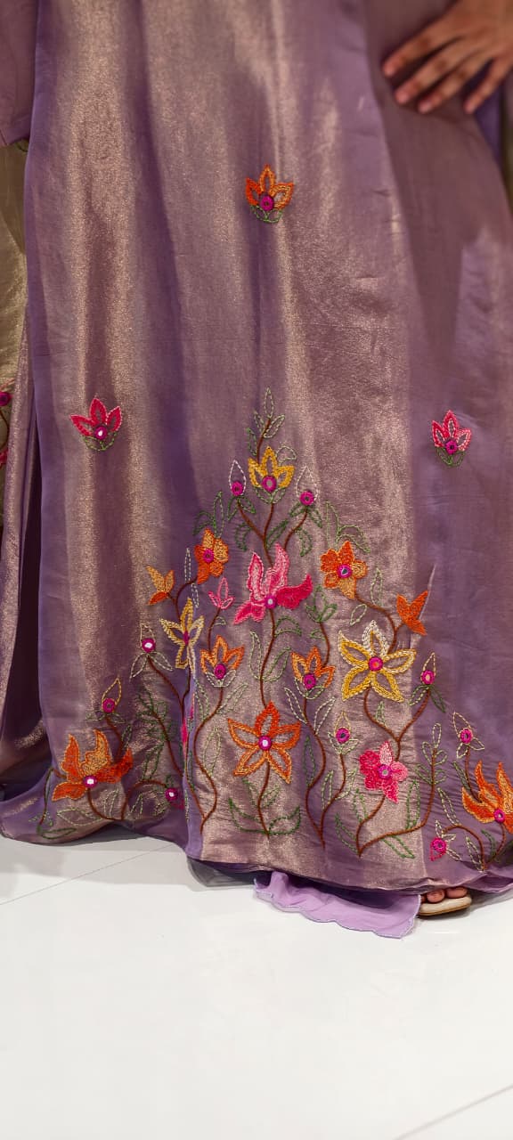 Grand Floral Katha Stich Thread Embroidery A-Line Full Suit Set With Dupatta In Tissue Fabric- 13451