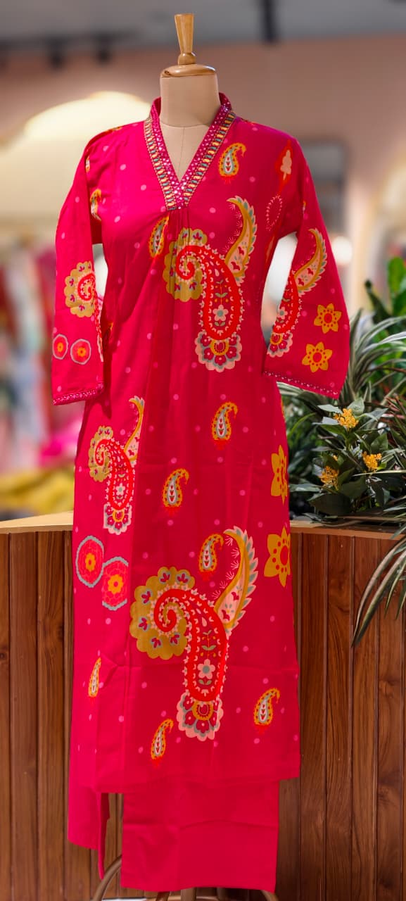 Printed Paisley Minimal Neck Embroidery A-Line Kurta Pant Set In Cotton Fabric- 13562