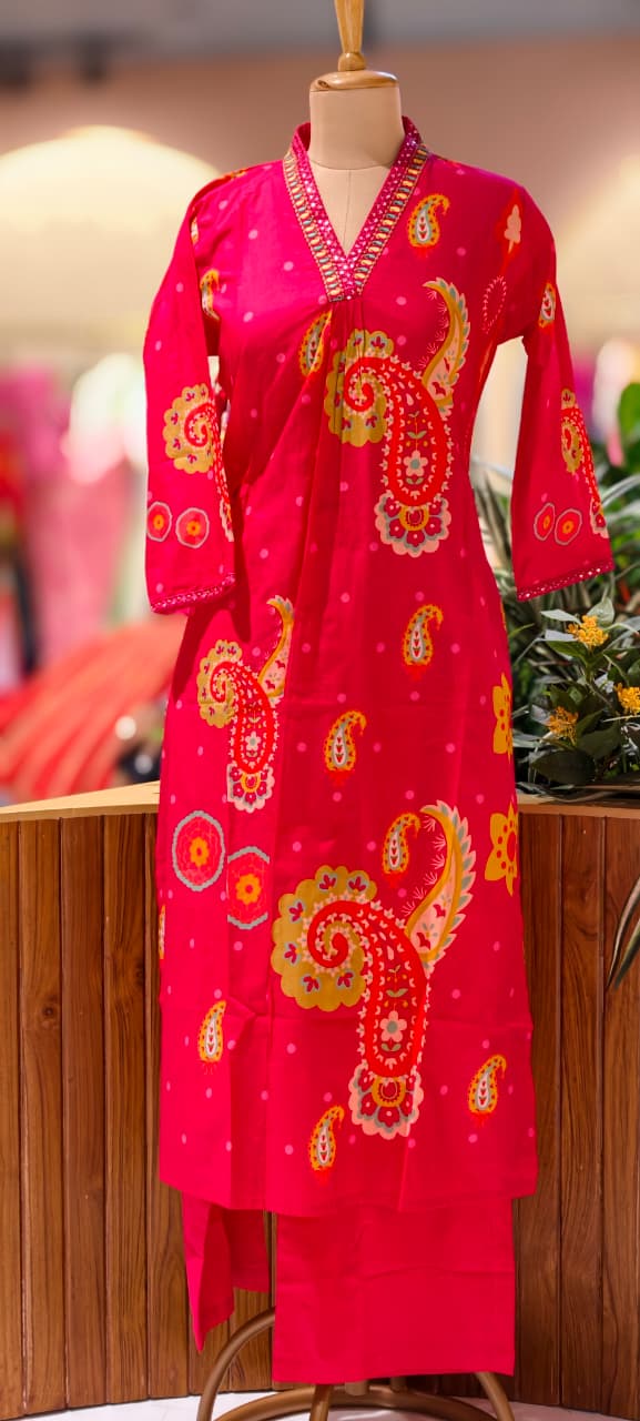 Printed Paisley Minimal Neck Embroidery A-Line Kurta Pant Set In Cotton Fabric- 13562