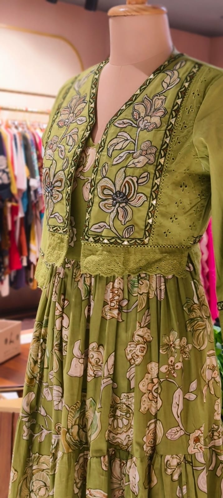Spring Flora Embroidered Jacket With Printed Gown In Cotton Fabric- 13587