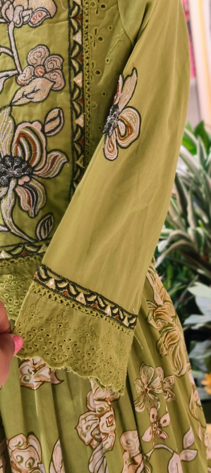 Spring Flora Embroidered Jacket With Printed Gown In Cotton Fabric- 13587