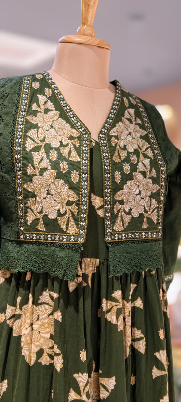 Beautiful Cut-Works Lace Bordered Jacket With Printed Gown In Cotton Fabric- 13588