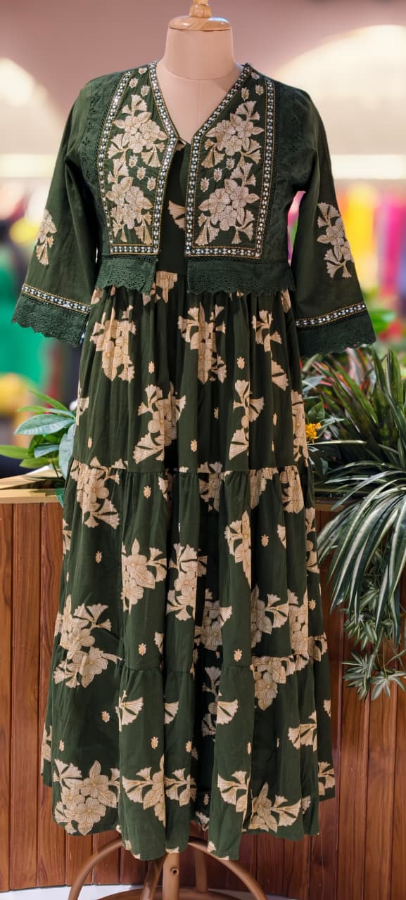 Beautiful Cut-Works Lace Bordered Jacket With Printed Gown In Cotton Fabric- 13588