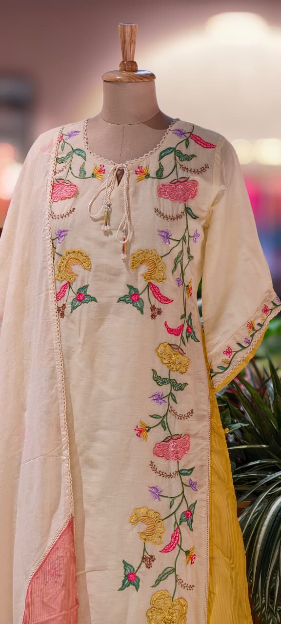 Floral Patch Look Embroidered Twin Color Slit Side A-Line Full Suit Set With Dupatta In Checks Cotton Fabric- 13575
