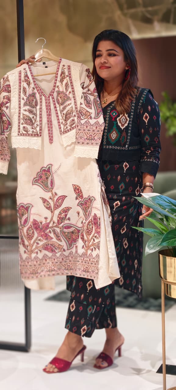 Thread Embroidered Cut-Work Laced Detechable Jacket With Printed Cotton Kurta Pant- 13586