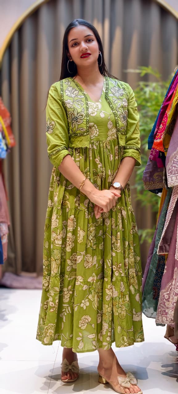 Spring Flora Embroidered Jacket With Printed Gown In Cotton Fabric- 13587