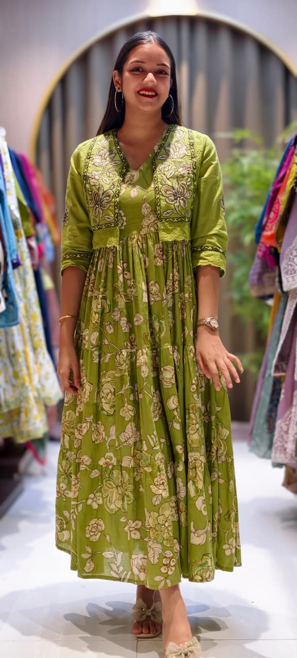 Spring Flora Embroidered Jacket With Printed Gown In Cotton Fabric- 13587