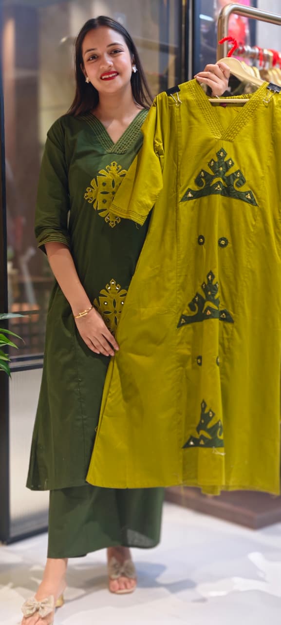 Smart Embroidery Pleated V-Neck A-Line Cotton Kurta Pant Set- 13549