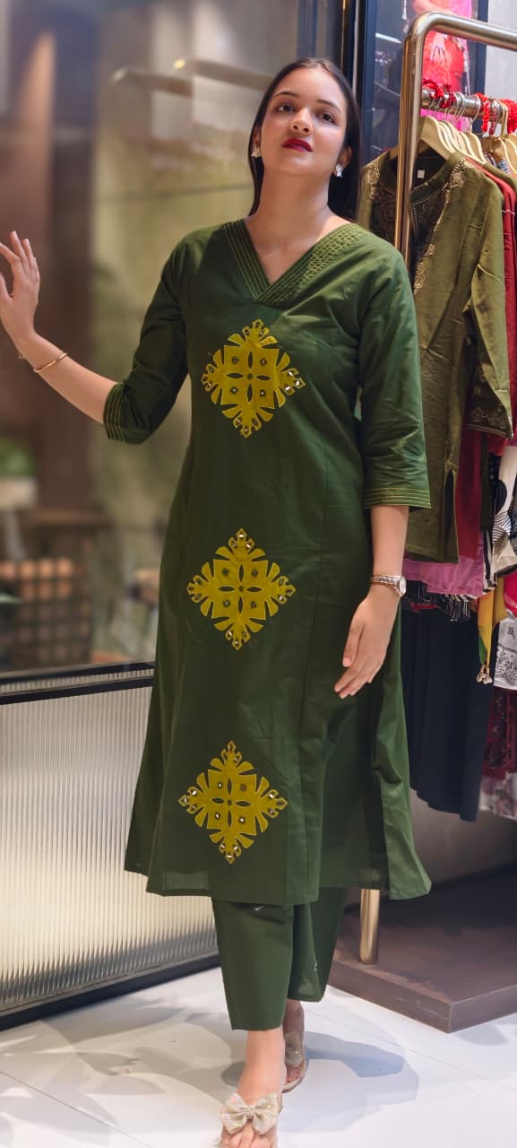 Smart Embroidery Pleated V-Neck A-Line Cotton Kurta Pant Set- 13549