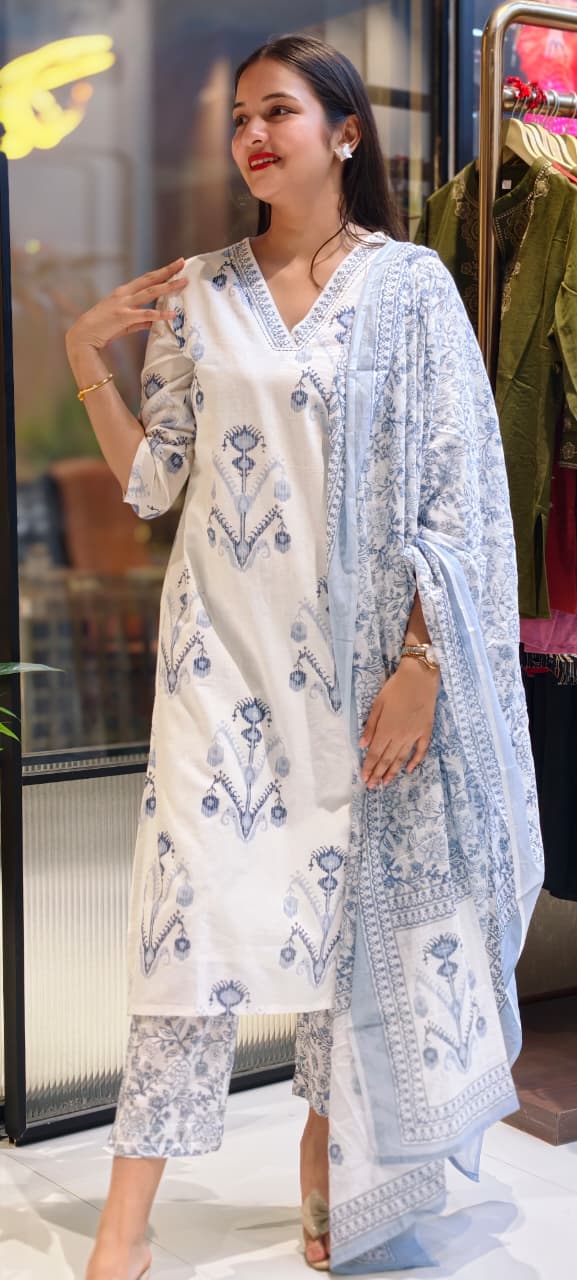 Soft Tone Summer Friendly Printed Cotton Full Suit Set With Dupatta- 13566